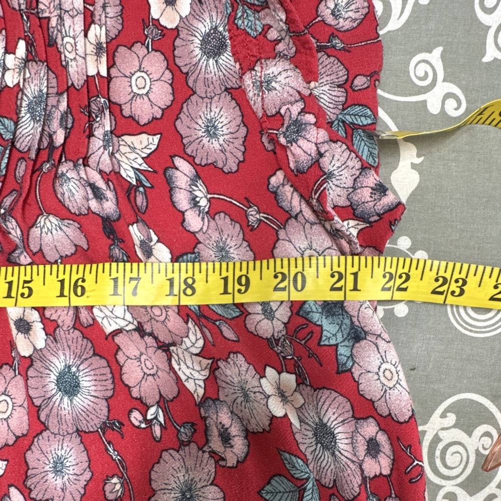 Feelib Womens Red Floral Blouse V-Neck Tie Closure Tasseled Short Sleeve - Picture 5 of 6